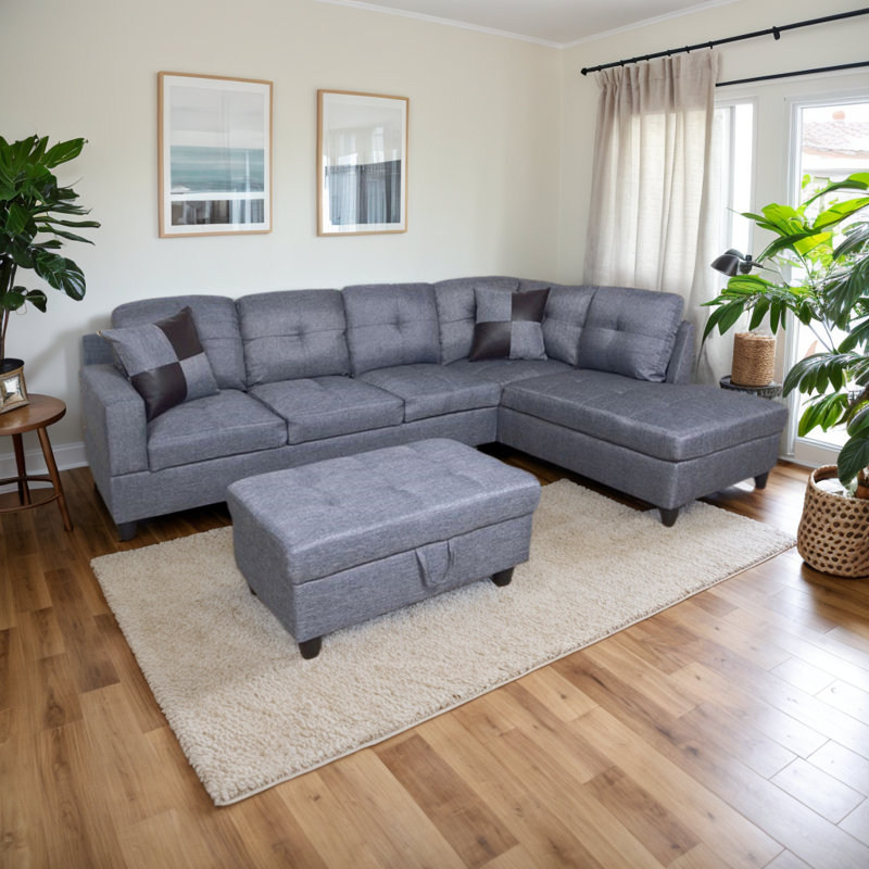 Canapé modulaire avec repose-pieds 103,5 po Tatiauna, Accoudoir à droite (vu de face), Lin gris moyen