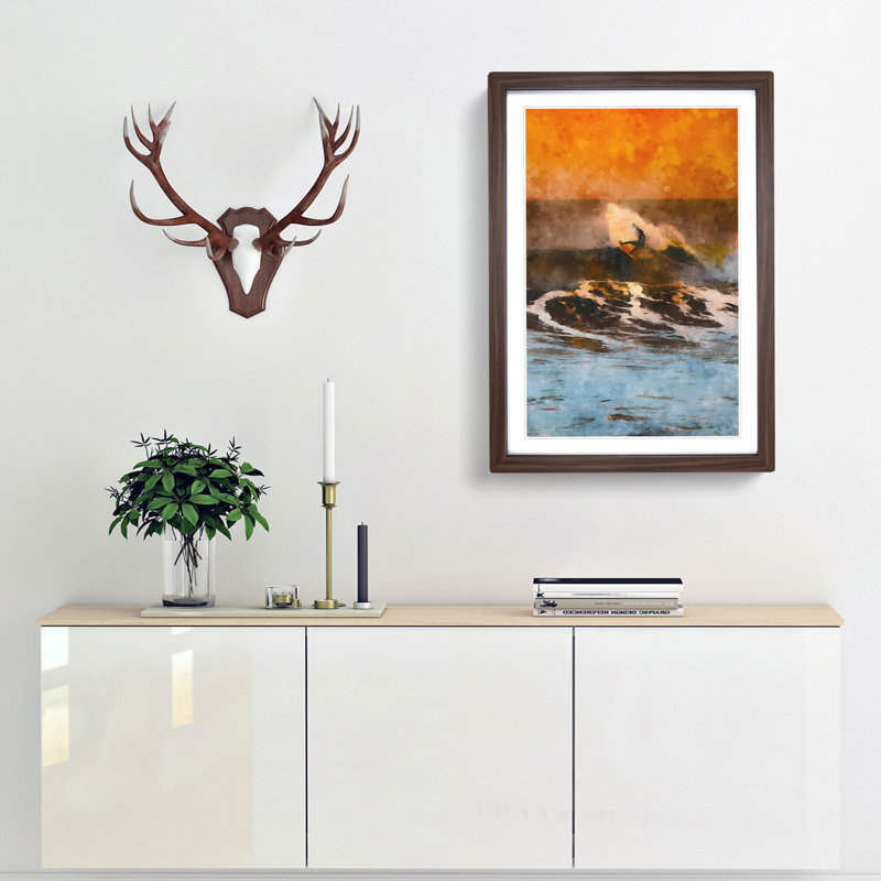 Surfing as the Sun Sets - Picture Frame Painting Print, 63cm H x 45cm W x 2cm D, Walnut Framed