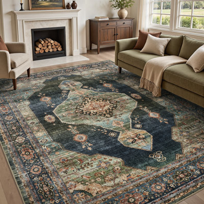 Soft Vintage Persian-Style Non-Slip Machine Washable Area Rug in Green/Teal for Living Room & Bedroom