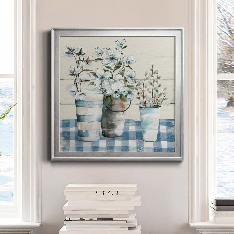 Gingham Blues - Peinture sur toile encadrée, Cadre argenté, H 17,5 po x l 17,5 po x P 1,5 po