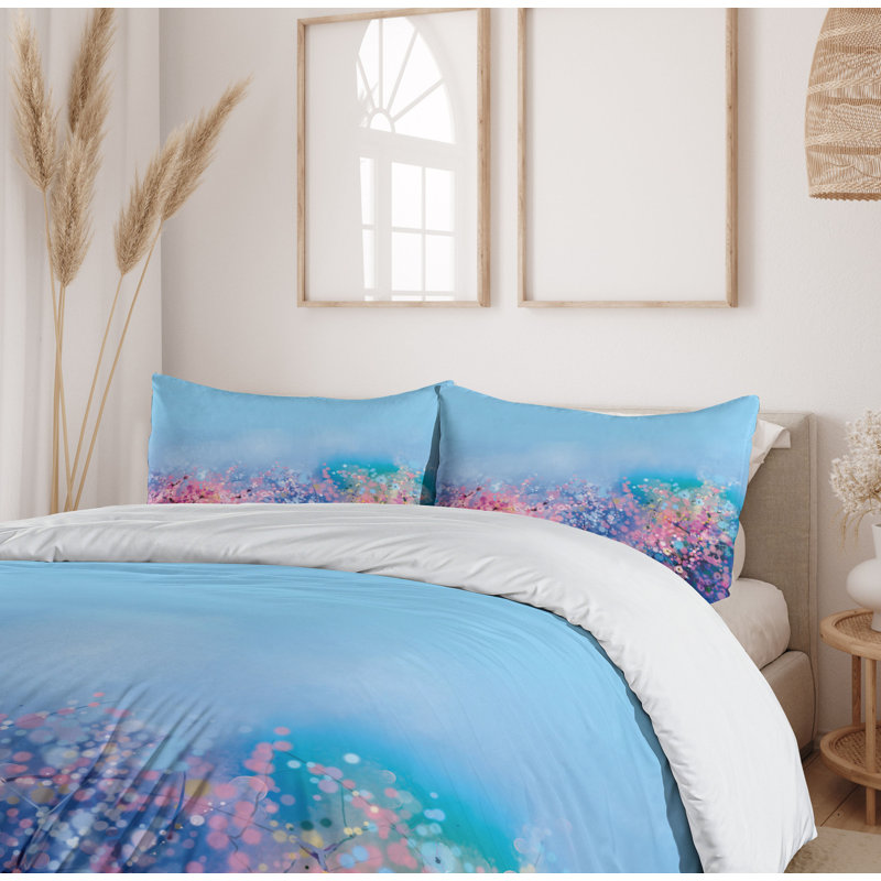 Twin Blue and Pink Floral Microfiber Duvet Cover Set