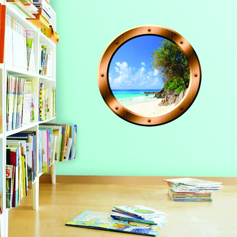 Décalcomanie murale hublot îlot beach view 3d, H 14 po x l 14 po x P 0,01 po, Couleur