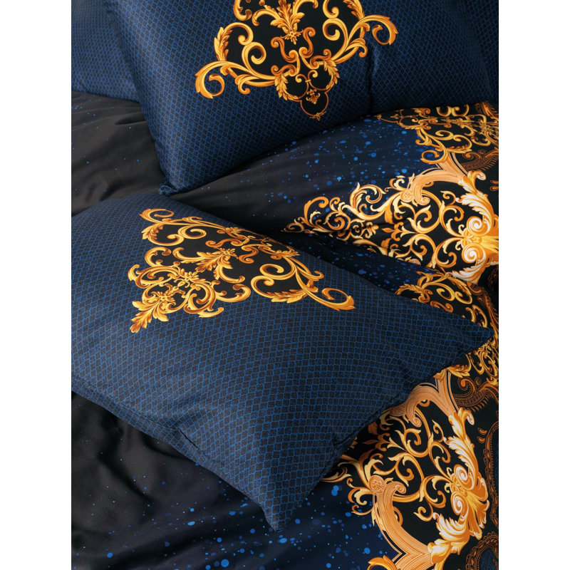 Luxurious Satin Double Quilt Cover Set, Dark Blue, 79 x 87 inches | 100% Cotton Satin, 300 Thread Count | Includes 2 Pillowcases & 2 Oxford Pillowcases | Elegant Digital Print, Machine Washable, Button Closure