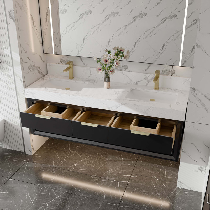 Meuble-lavabo mural de 60 po avec armoire en bois massif Melora, comptoir en pierre naturelle, tiroirs à fermeture en douceur et éclairage de designer DEL Melora