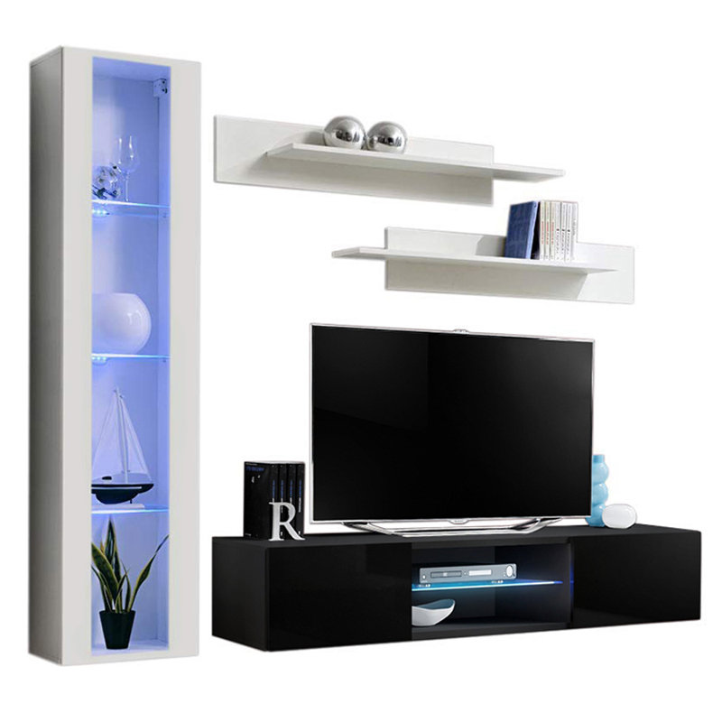 Letson 85" Modern Floating Wall Mounted Entertainment Center with 16-Color LED Lighting, High Gloss Finish, White/Black