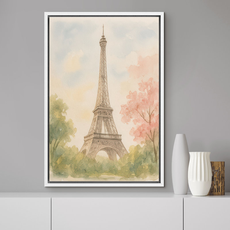 Tour Eiffel Paris Landmark avec doux arbres verts et roses, décoration murale, impression sur toile encadrée