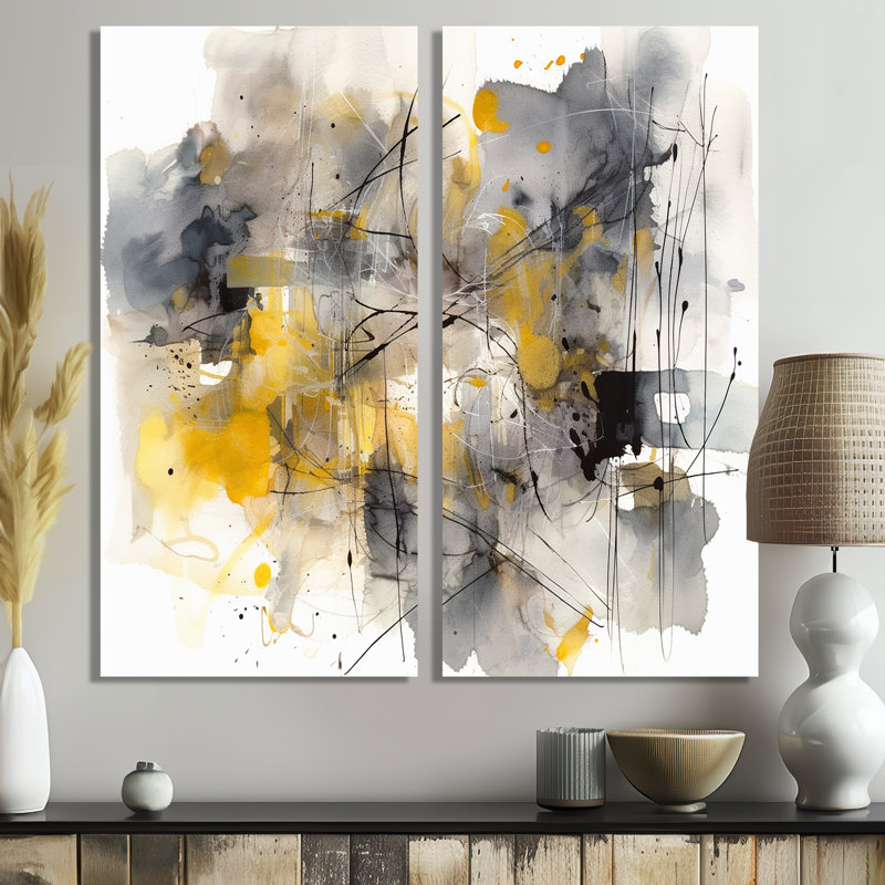 Jaune et gris au-delà de la toile II - art mural abstrait 2 panneaux, 32" H x 32" W, Wrapped Canvas, Does Not Apply