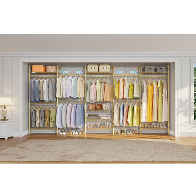 Timate F5 Expandable Wall Mounted Clothes Rack with 8 Adjustable Shelves & 4 Expandable Hanger Rods, Gold
