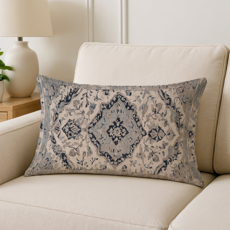 Coussin décoratif intérieur et extérieur Modern, Ivoire / bleu marine / damas gris, Rectangle H 20 po x l 14 po