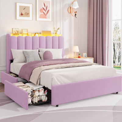 Full Size Platform Bed Frame, Boucle Upholstered & Wavy Storage Headboard with RGB LED & 2 Drawers, Kids Wooden Slats, No Box Spring Needed, Purple