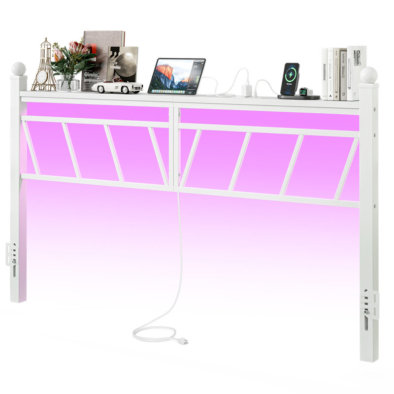  Metal Twin/twin Xl Size Headboard With Storage, 60,000 Diy Color Of Led Lights, Head Board With Charging Station, Modern Freestanding Headboard Only, Easy Assembly, White