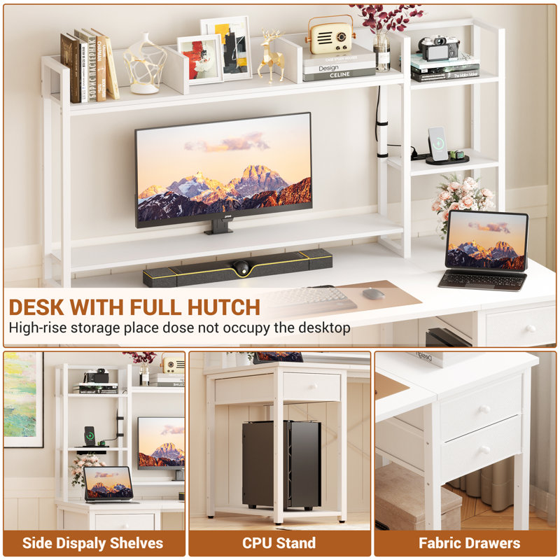 47"-59" Computer Desk with LED Lights & Outlet & Hutch, White, 59" H x 47.2" W x 18.9" D