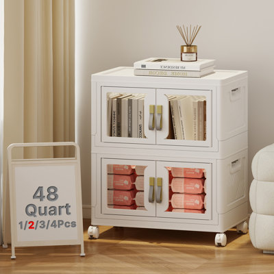 2‑Tier Stackable Foldable Storage Bins with Wheels & Magnetic Doors,48QT Collapsible Plastic Closet Organizer for Bedroom Dorm