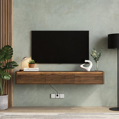 Meuble télé mural flottant, meuble télé en bois avec lumières DEL et prise de courant pour le salon