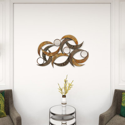 Campuzano Metal Abstract Beige Wall Decor with Round Mirror Accents