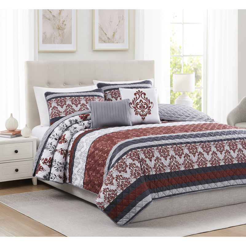 Gray and Spice Queen Damask Quilt Set with Decorative Pillows