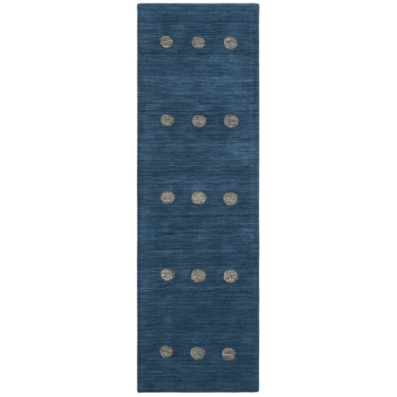 Tapis bleu en laine tissé à la main à pois Pixley, Tapis de couloir 2 pi 3 po x 8 pi