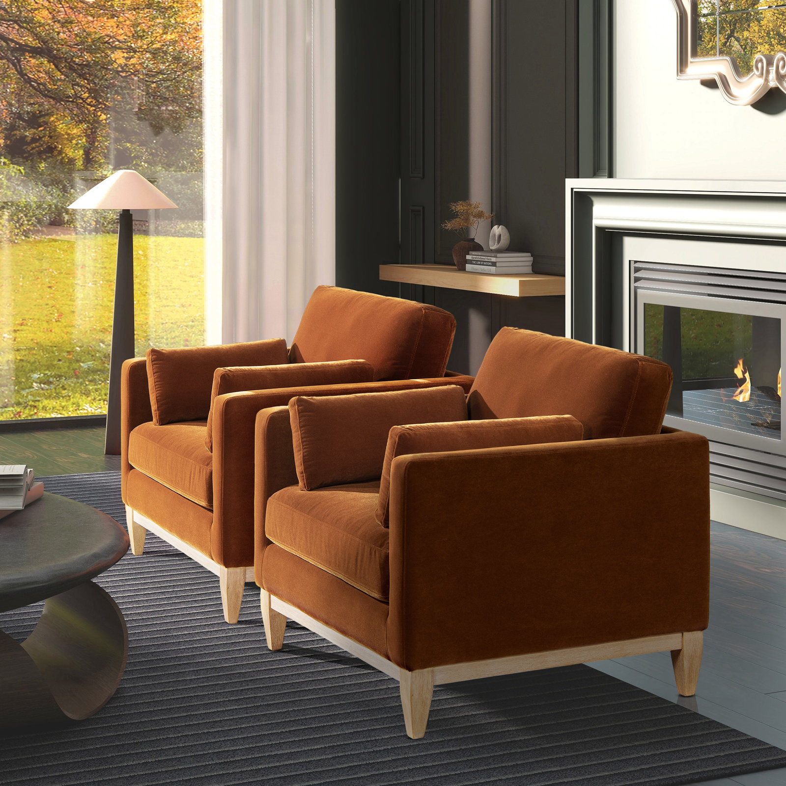Pera Pine Armchair, Burnt Orange Velvet