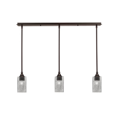 3 Light Stem Hung Linear Pendalier, 3.5" Square Smoke Bubble Glass