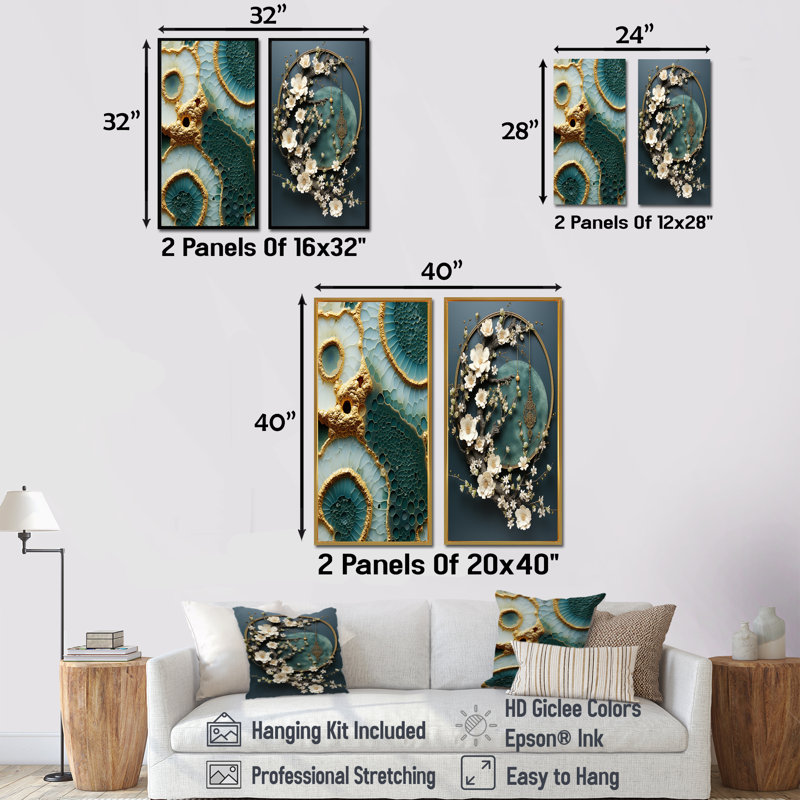 Fleurs dorées et blanches sur pierre bleue II - ensemble de 2 impressions sur toile en géode de pierre, H 32 po x l 33 po