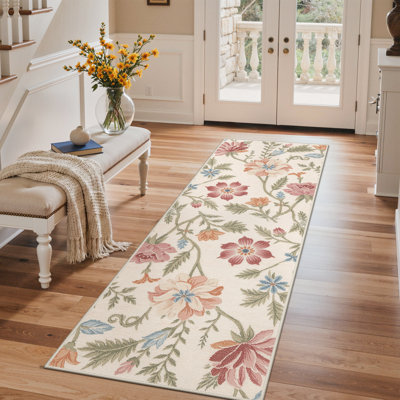 Clermont Beige / Pink Floral Machine Washable Non-Slip Area Rug