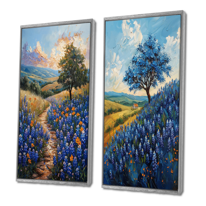 «Blue Green Meadow Charm Blue Bonnets III - Blue Bonnets», ensemble d'art 2 pièces, H 40 po x l 40 po, Cadre argenté flottant