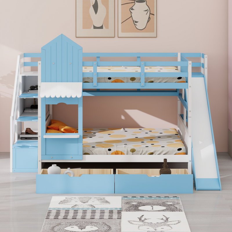 Lit superposé de style château avec tiroirs, tablettes et glissoire, Bleu
