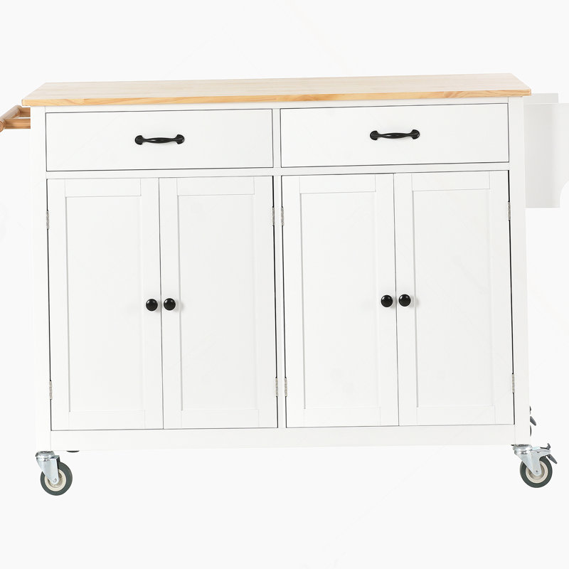 Kitchen Island Cart With Solid Wood Top And Locking Wheels, 4 Door Cabinet And Drawers, White