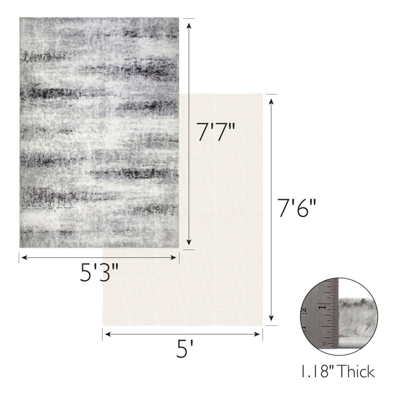 Everist Rectangle Abstract Machine Woven Polypropylene Area Rug in Grey with Rug Pad Included, Rectangle 5'3" x 7'7"