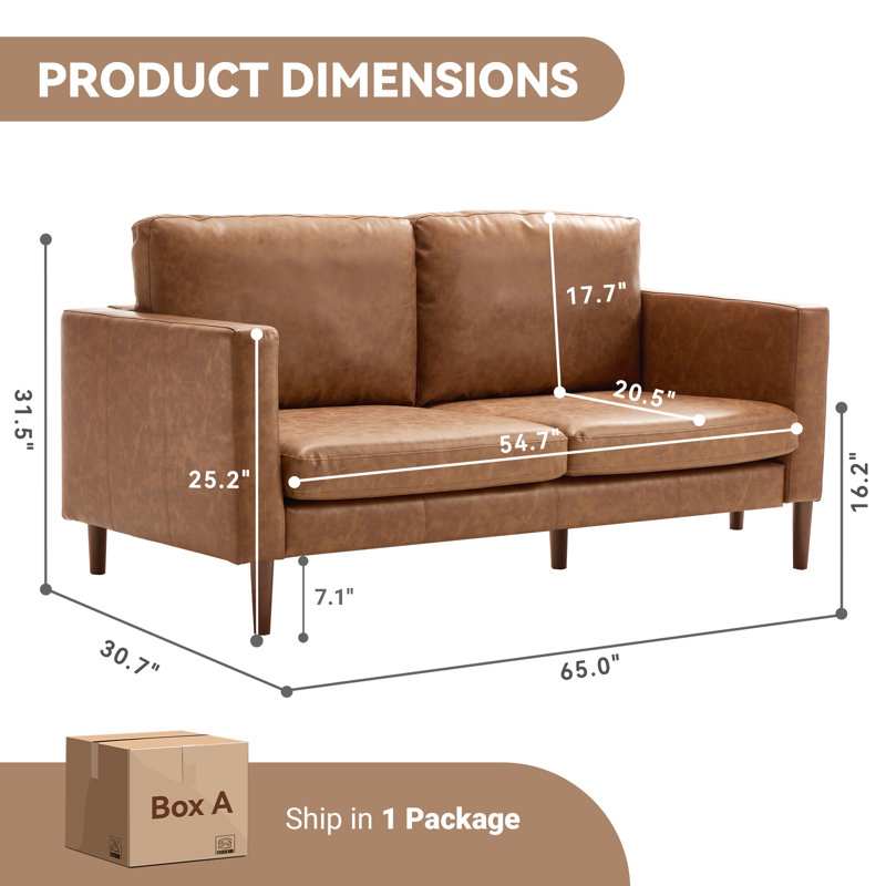 Causeuse à accoudoirs carrés en similicuir 65 po avec coussins réversibles Ashvini, Brun / bois espresso