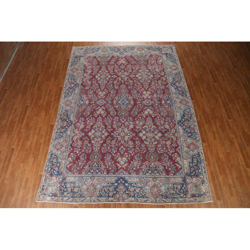 Tapis unique en laine noué à la main de style années 1940 de 9 pi 3 po x 12 pi 10 po rouge Shontee