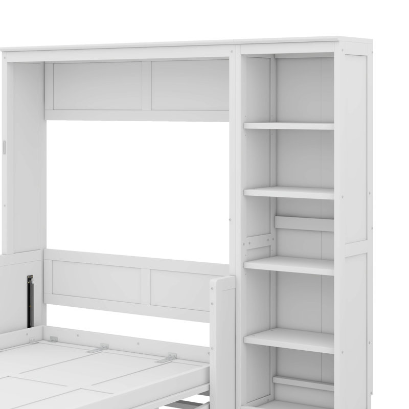 Murphy Bed With Built-In Desk And Bookshelf Combination, White, Queen