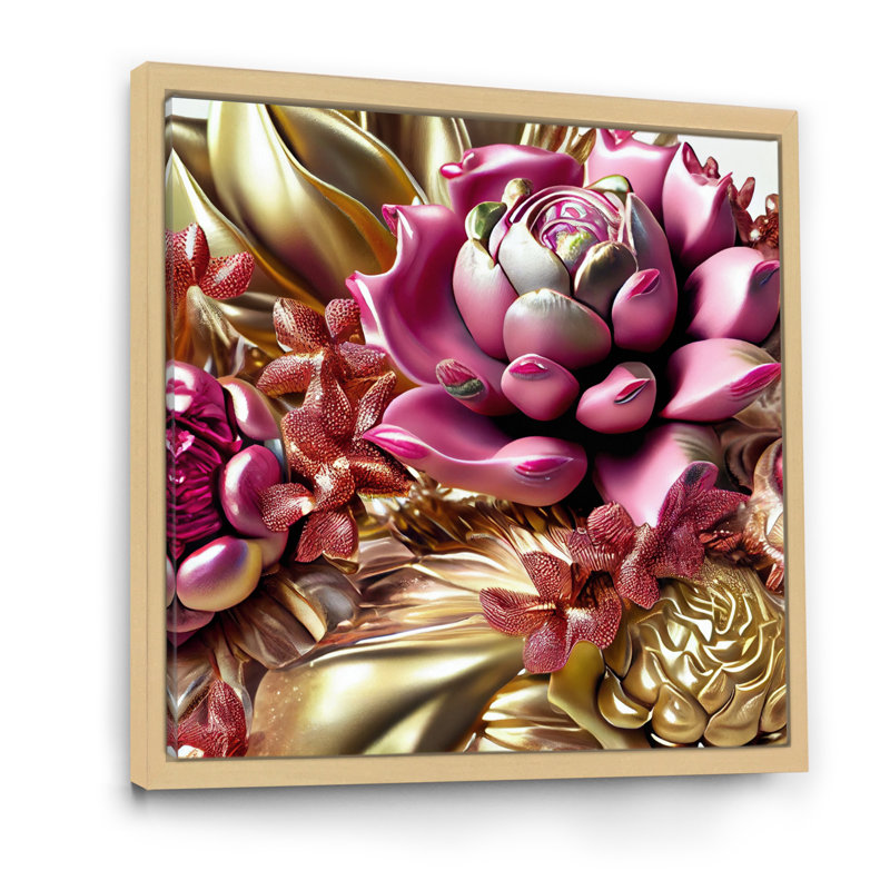 Exquise rose et roses glamour dorées, Cadre naturel flottant, H 30 po x l 30 po x P 1 po