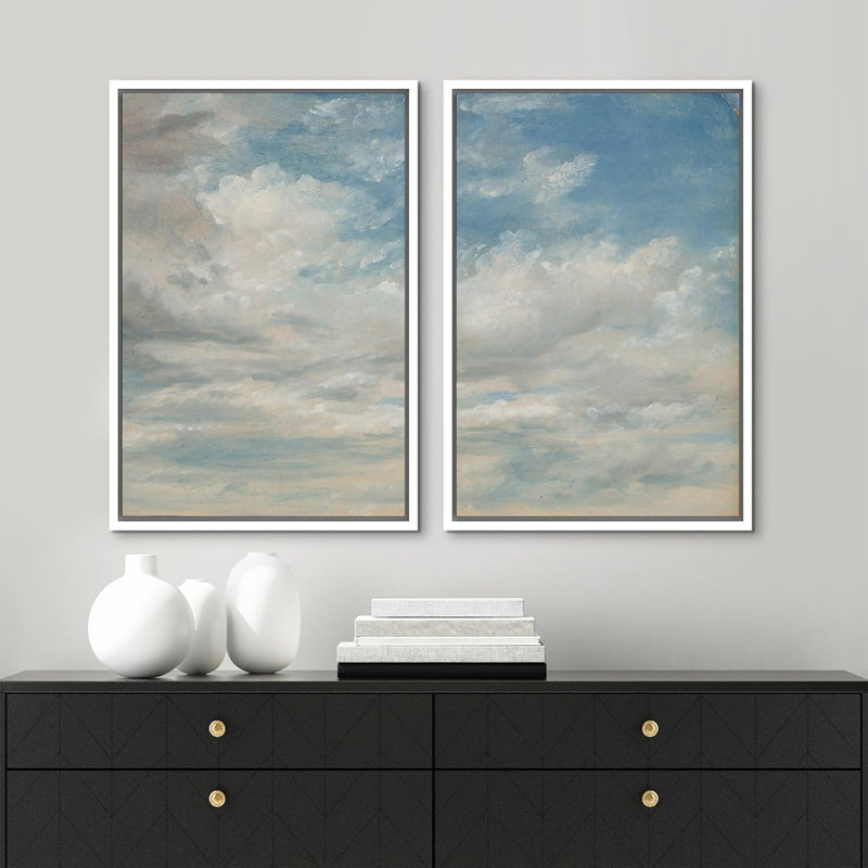 "Clouds In Blue Sky Rustic Nature" French Country, reproduction d'art sur toile encadrée 2 pièces, Blanc
