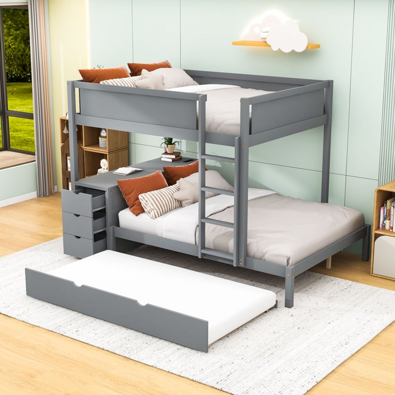 Bunk Bed With Twin Trundle, USB Outlets And Storage Drawers,Ladder, Gray, Full Over Full