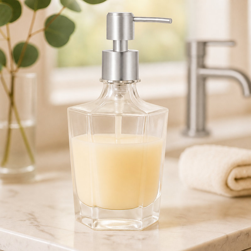 Distributeur de savon 9,5 oz concave - Pompe argent satiné