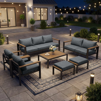 7-Piece Aluminum Outdoor Patio Conversation Set with Coffee Table and 2 Ottomans, 9-Seat Deep Seating Sectional Sofa with Thick Cushions, Gray