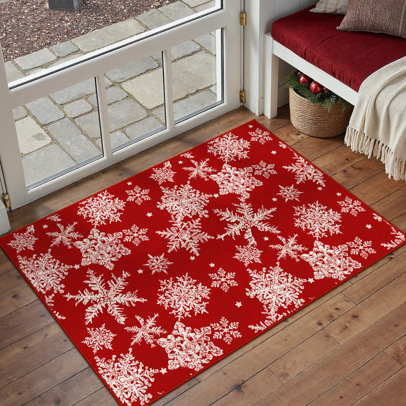 Tapis de Noël lavable Chamora avec motif classique rouge et flocon de neige, Rectangulaire 2 pi x 3 pi