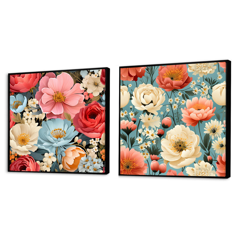 Friedlander - Ensemble de 2 collages carrés floraux, Cadre flottant noir, H 16 po x l 33 po