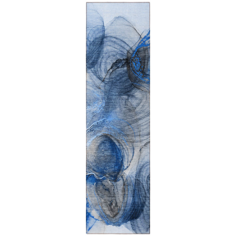 8' Runner Ivory Blue and Gray Abstract Washable Non Skid Indoor Outdoor Runner Rug
