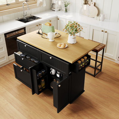 [Product Display Video Available]TOPMAX Farmhouse Kitchen Island with Drop Leaf and 2 Seatings, Kitchen Table Set with Storage Cabinet, Drawers, Door Shelves and Power Outlet, Black