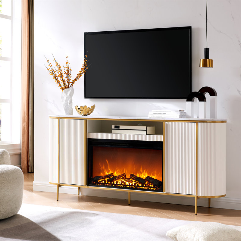 Iyes 70" W Engineered Wood TV Stand with Electric Fireplace, White
