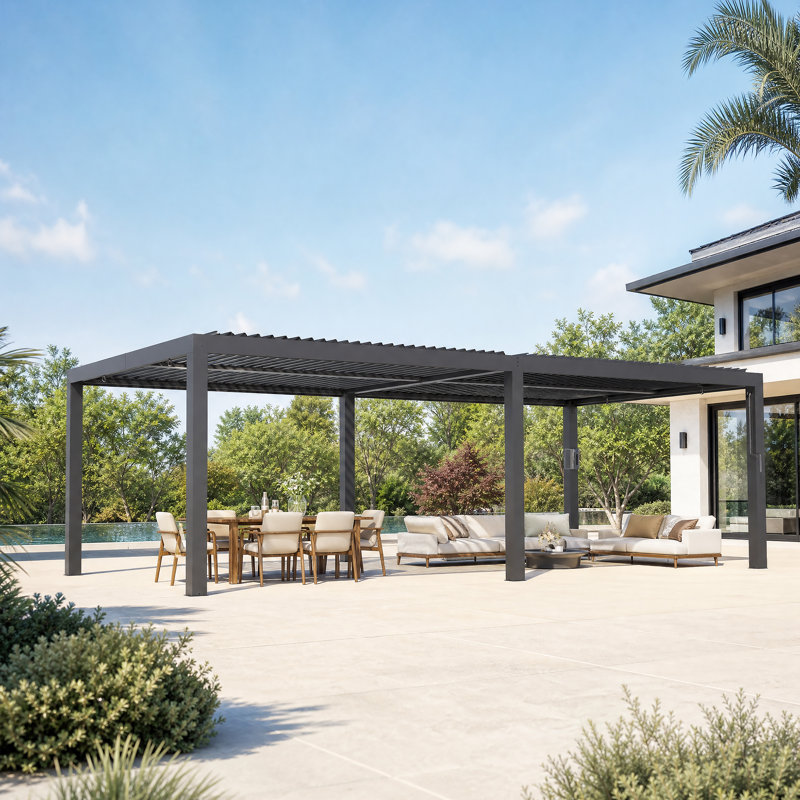 Pergola à persiennes 12 'x 24' avec double couche réglable, système de gouttière intégrée et prise de recharge USB Aurora