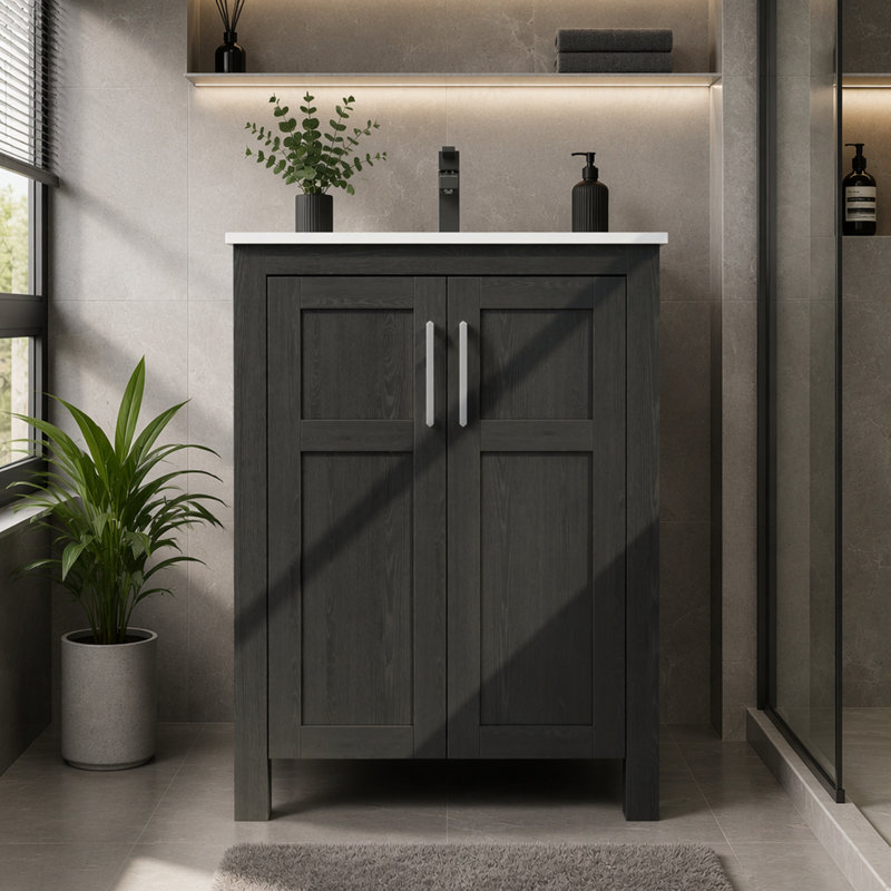 L'armoire de salle de bain de 24 pouces, jumelée à un lavabo en céramique, présente un design moderne et est faite de matériaux imperméables et durables