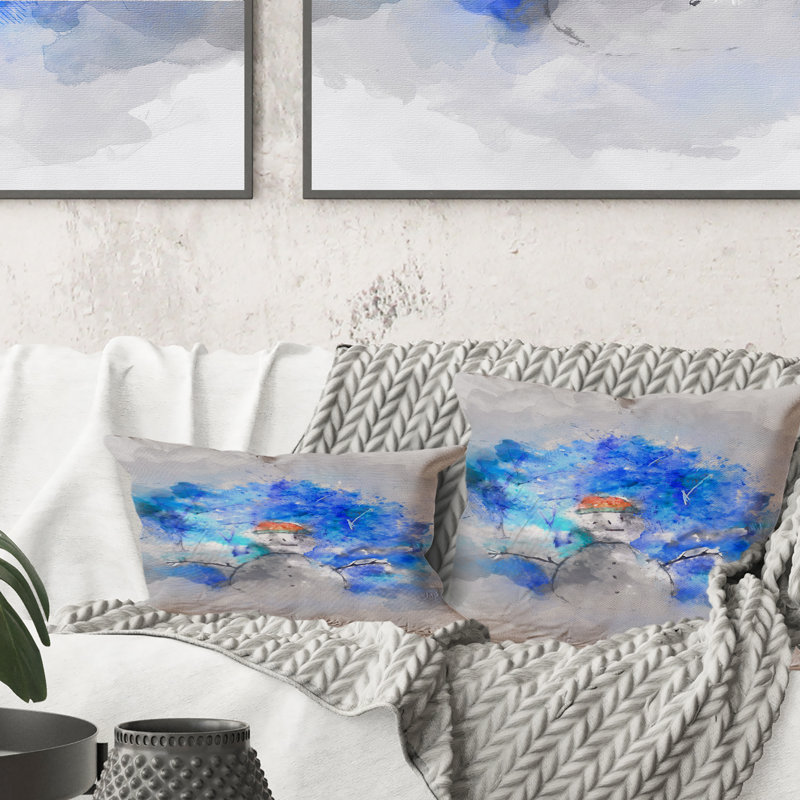 Coussin Snowman In Blue Winter Forest, 18 po x 18 po
