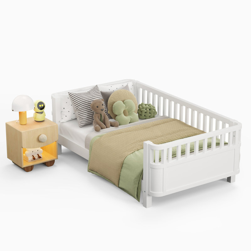 Lit plateforme simple en bois pour enfants, lit simple en bois à profil bas avec rails pour filles et garçons, blanc