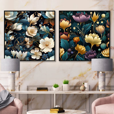Jewel Tones Flowers Blooms - Abstract Botanicals Square, ensemble de 2 collages carrés