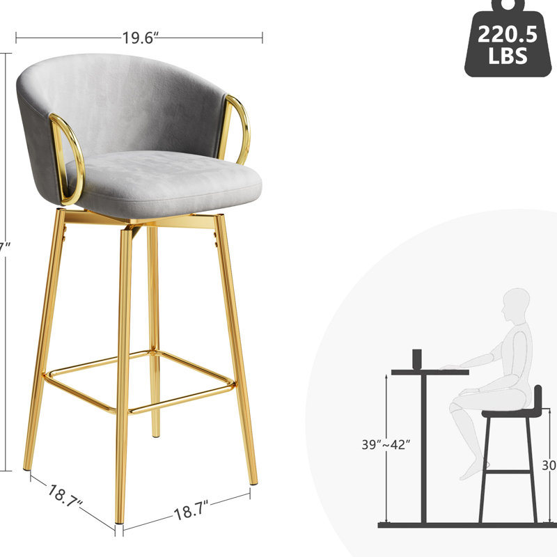 Moderne 2 chaises pivotantes en velours pivotant à 360 °, gris beige, tissu doux, support, convient aux bars, restaurants, bureaux 2 barres en velours gris, confortables et élégantes, patins à glissière polyvalents