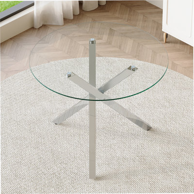 Table de salle à manger ronde en verre convenant à 2 à 4 personnes: diamètre de 39 pouces, hauteur de 30 pouces, structure en métal argenté en forme de X, très appropriée pour les restaurants, les cuisines et les petits espaces, élégante et pratique.