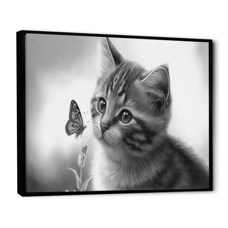Art numérique sur toile, "Petit chaton avec papillon I", H 16 po x l 32 po x P 1 po, Toile avec cadre flottant noir